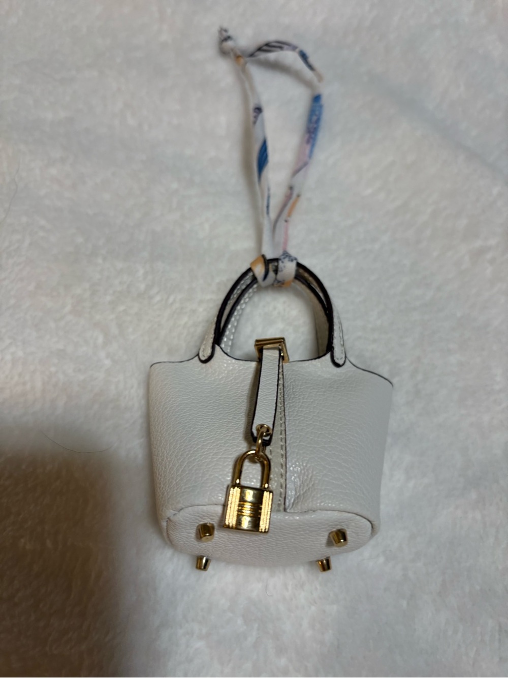 White Mini Leather Tote BAG CHARM with Gold Padlock